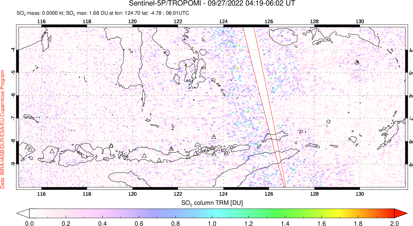A sulfur dioxide image over Lesser Sunda Islands, Indonesia on Sep 27, 2022.