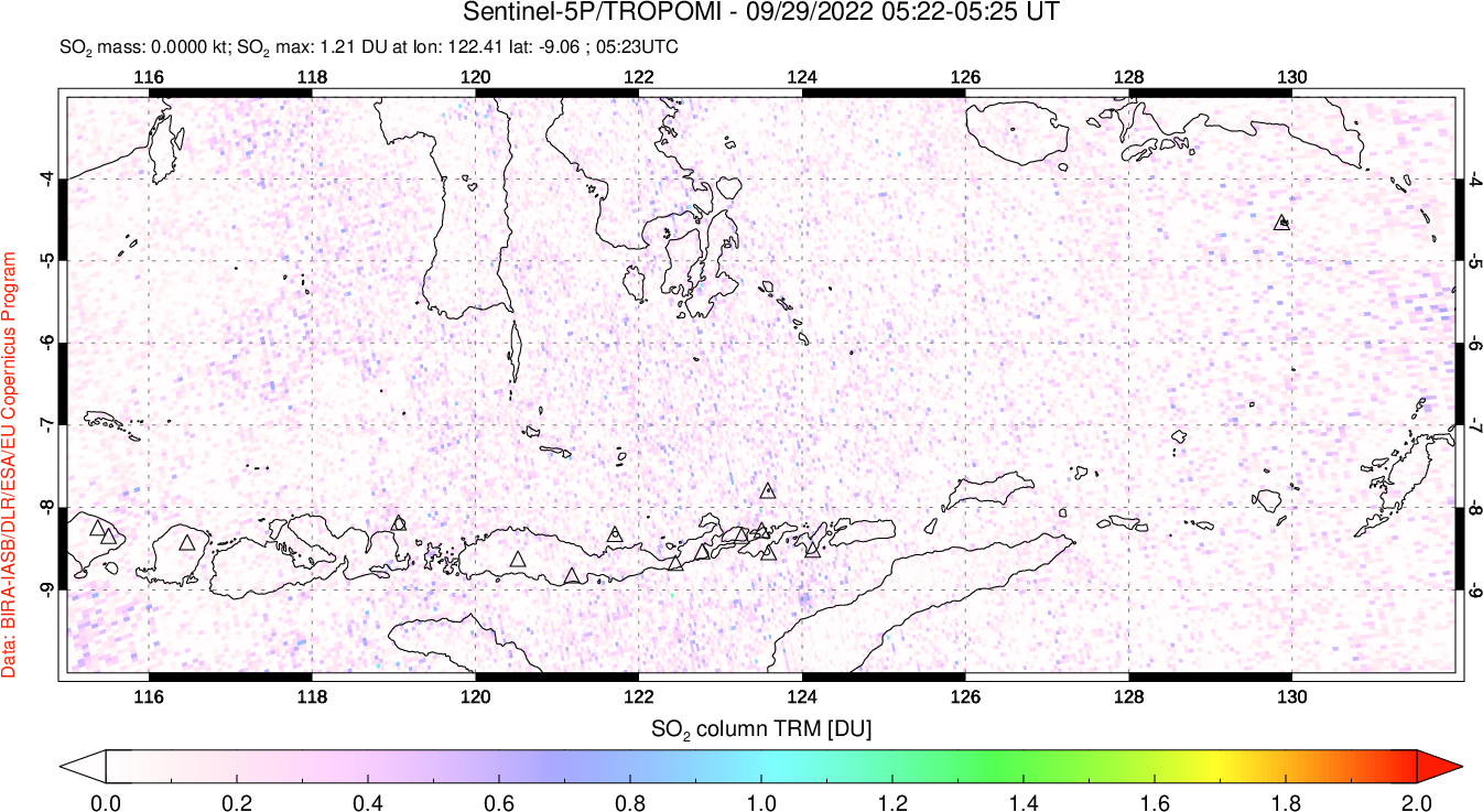 A sulfur dioxide image over Lesser Sunda Islands, Indonesia on Sep 29, 2022.