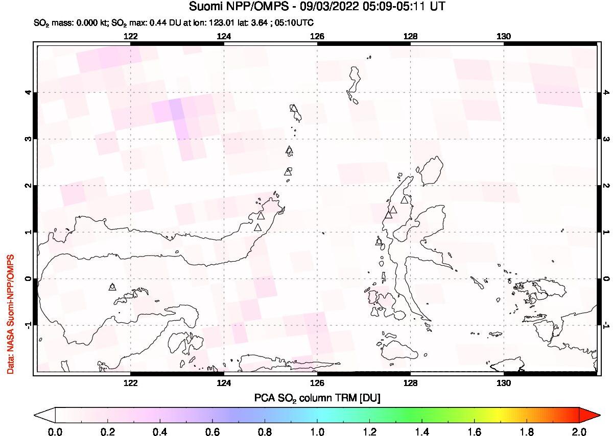 A sulfur dioxide image over Northern Sulawesi & Halmahera, Indonesia on Sep 03, 2022.