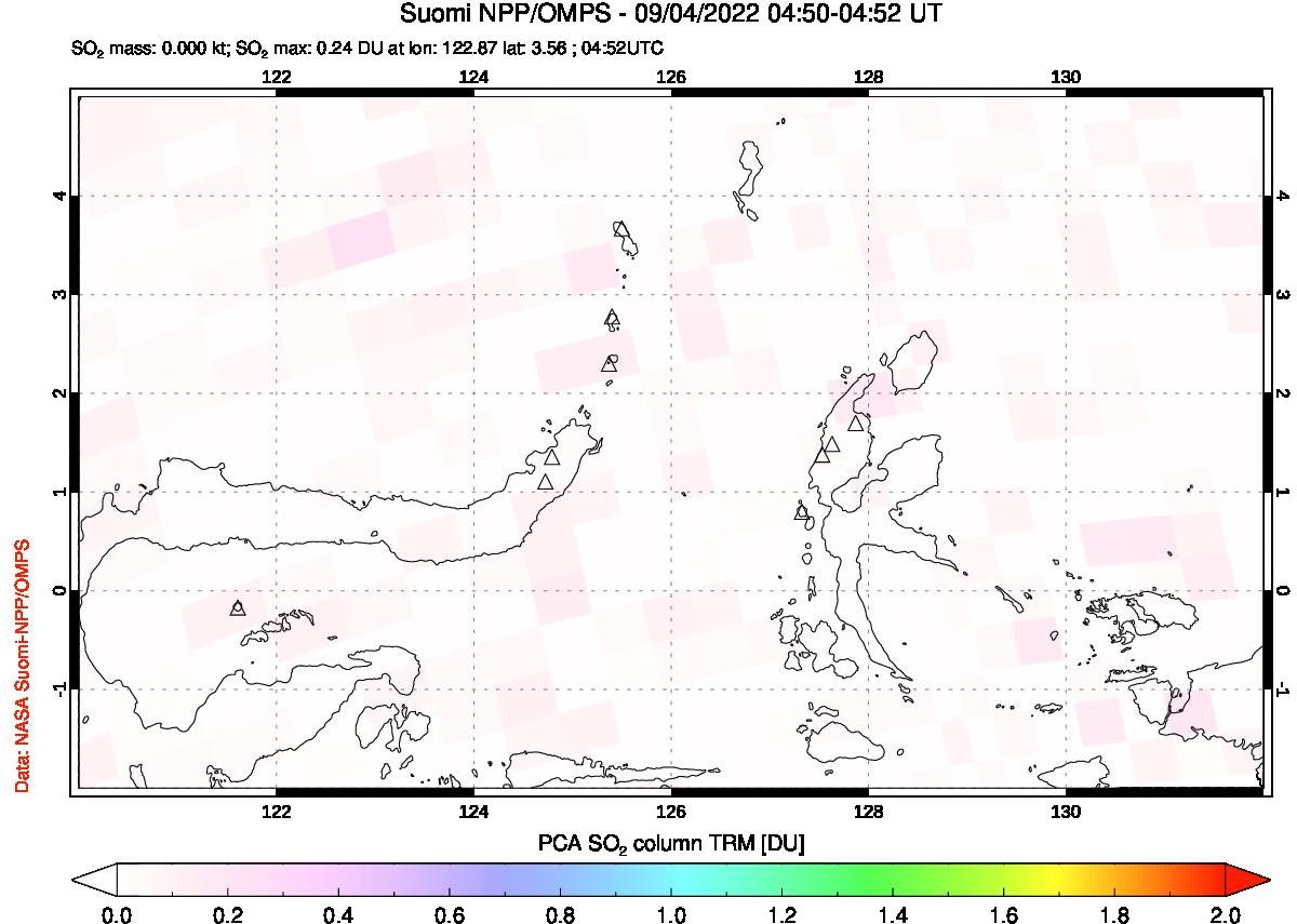 A sulfur dioxide image over Northern Sulawesi & Halmahera, Indonesia on Sep 04, 2022.