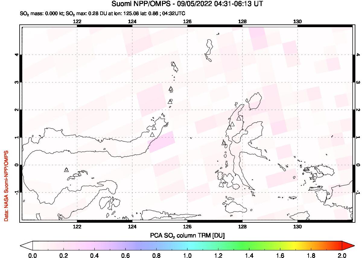A sulfur dioxide image over Northern Sulawesi & Halmahera, Indonesia on Sep 05, 2022.