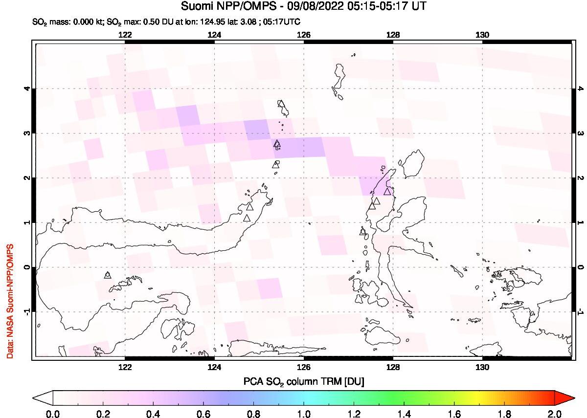 A sulfur dioxide image over Northern Sulawesi & Halmahera, Indonesia on Sep 08, 2022.