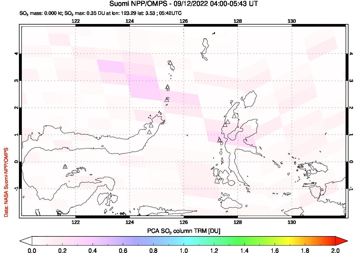 A sulfur dioxide image over Northern Sulawesi & Halmahera, Indonesia on Sep 12, 2022.