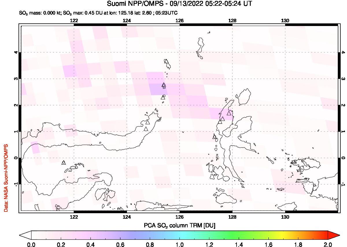 A sulfur dioxide image over Northern Sulawesi & Halmahera, Indonesia on Sep 13, 2022.