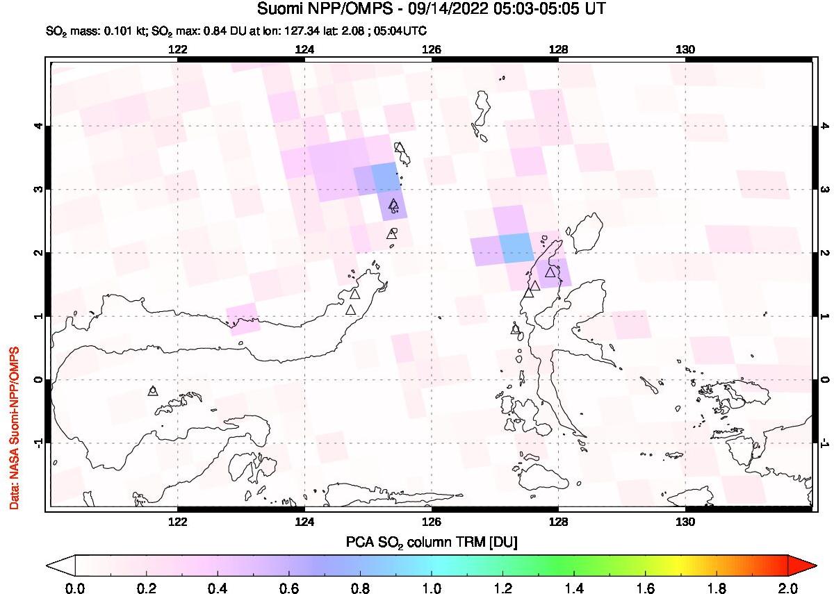A sulfur dioxide image over Northern Sulawesi & Halmahera, Indonesia on Sep 14, 2022.