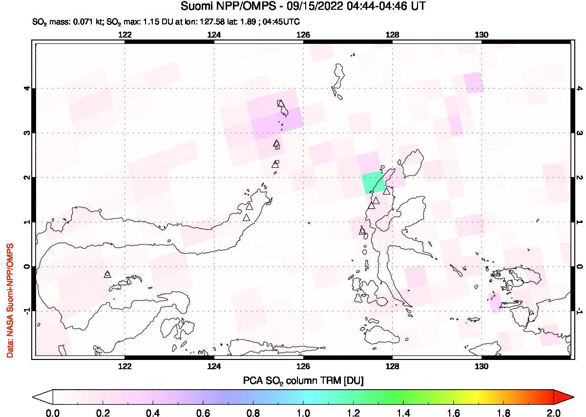 A sulfur dioxide image over Northern Sulawesi & Halmahera, Indonesia on Sep 15, 2022.