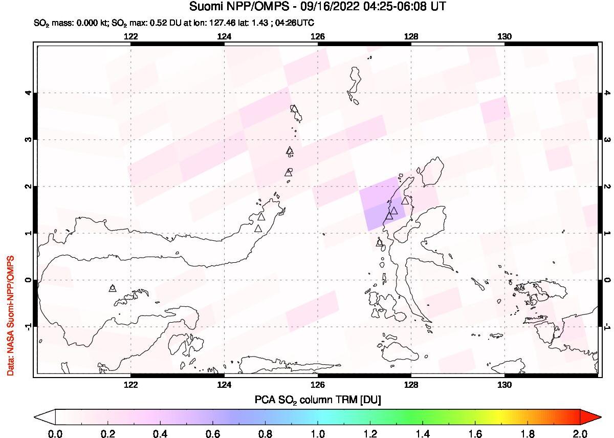 A sulfur dioxide image over Northern Sulawesi & Halmahera, Indonesia on Sep 16, 2022.