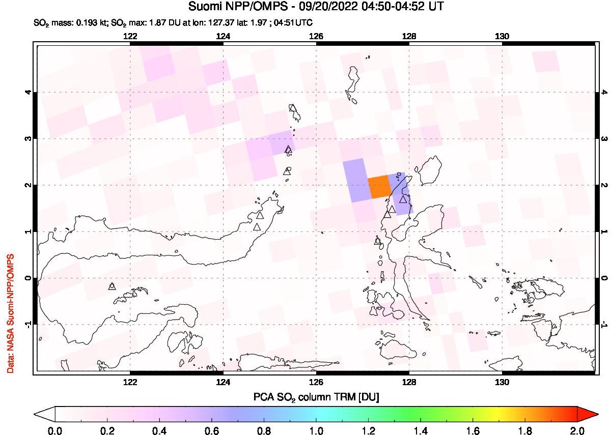 A sulfur dioxide image over Northern Sulawesi & Halmahera, Indonesia on Sep 20, 2022.