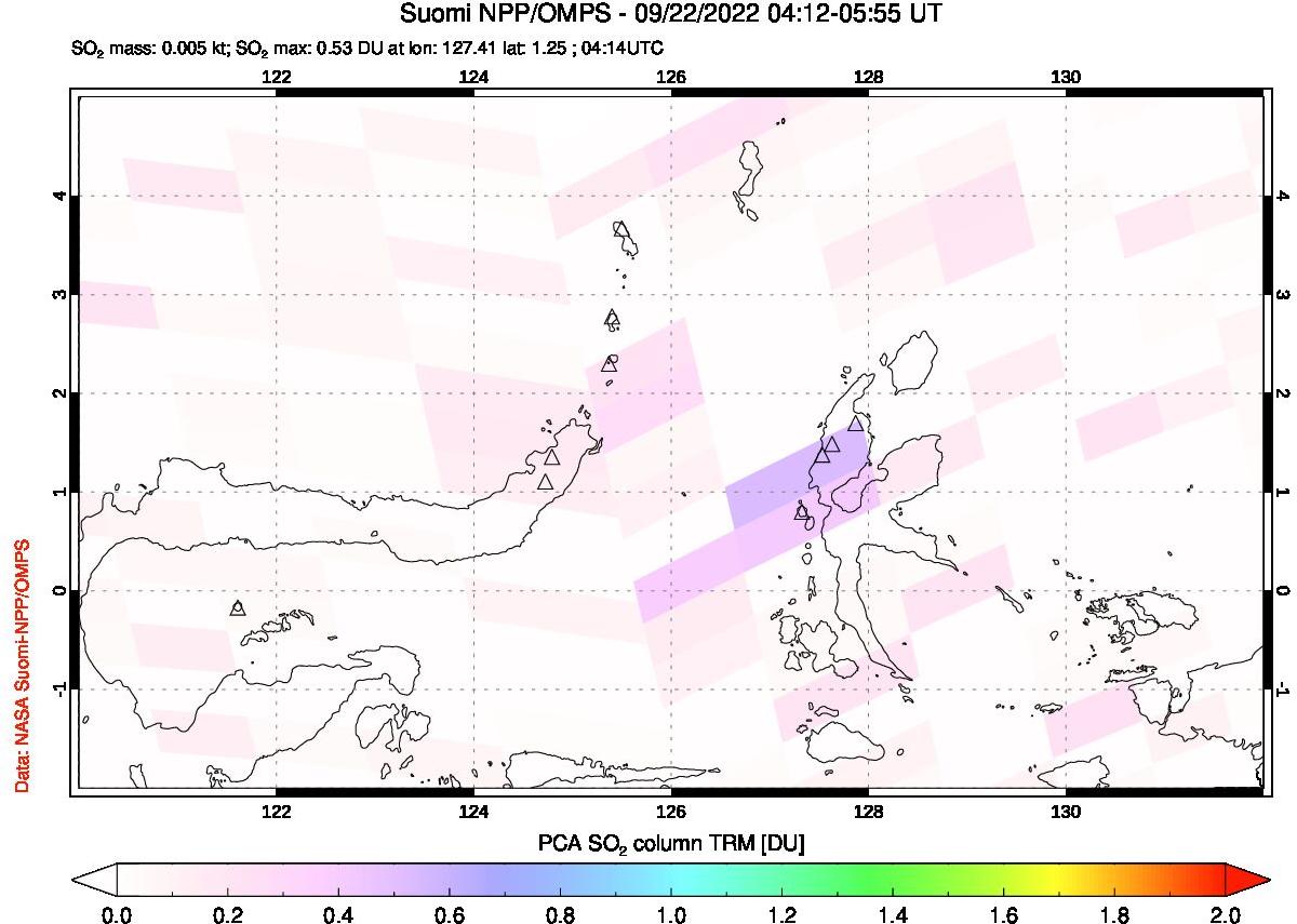 A sulfur dioxide image over Northern Sulawesi & Halmahera, Indonesia on Sep 22, 2022.