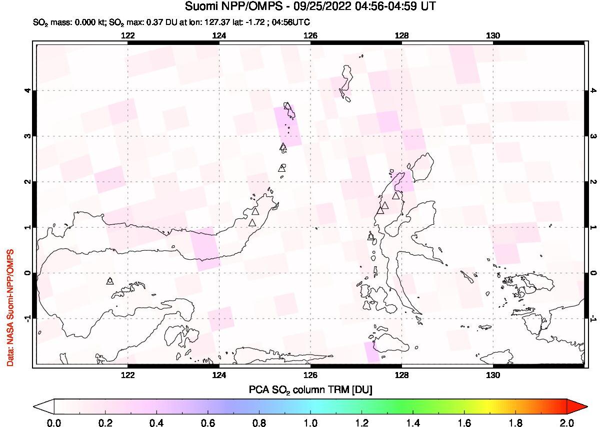 A sulfur dioxide image over Northern Sulawesi & Halmahera, Indonesia on Sep 25, 2022.