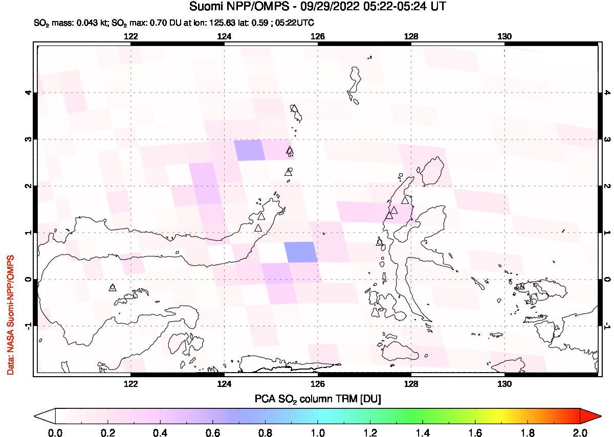 A sulfur dioxide image over Northern Sulawesi & Halmahera, Indonesia on Sep 29, 2022.