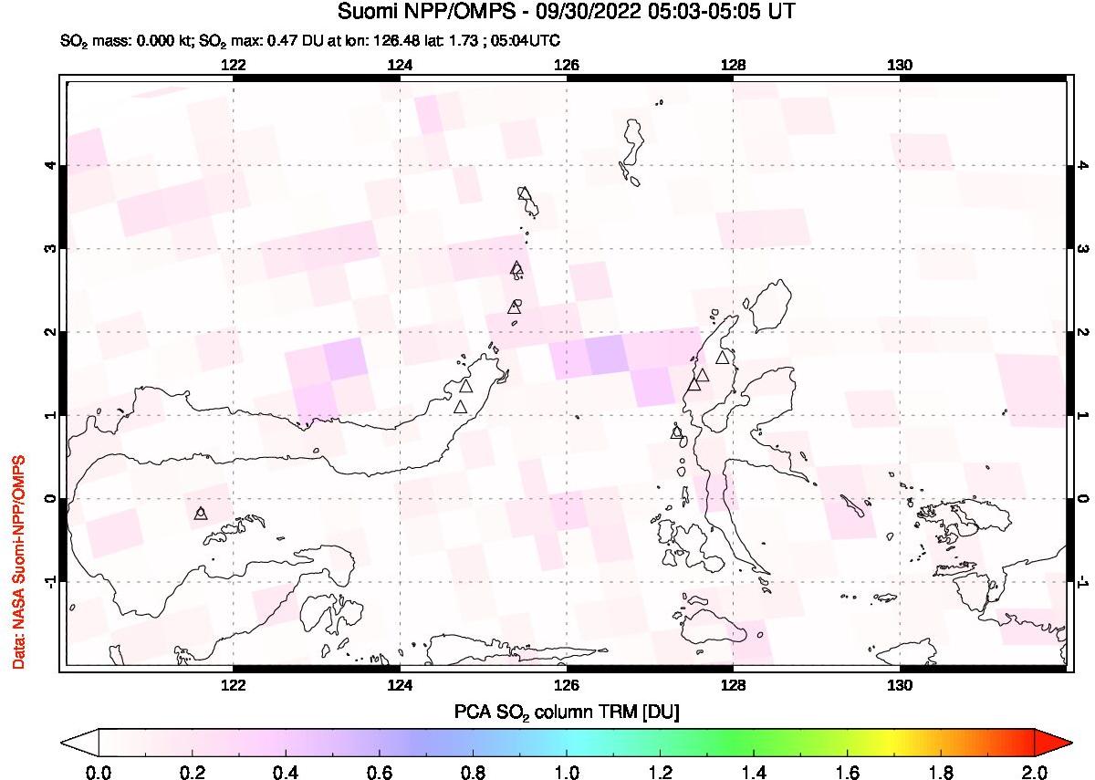 A sulfur dioxide image over Northern Sulawesi & Halmahera, Indonesia on Sep 30, 2022.