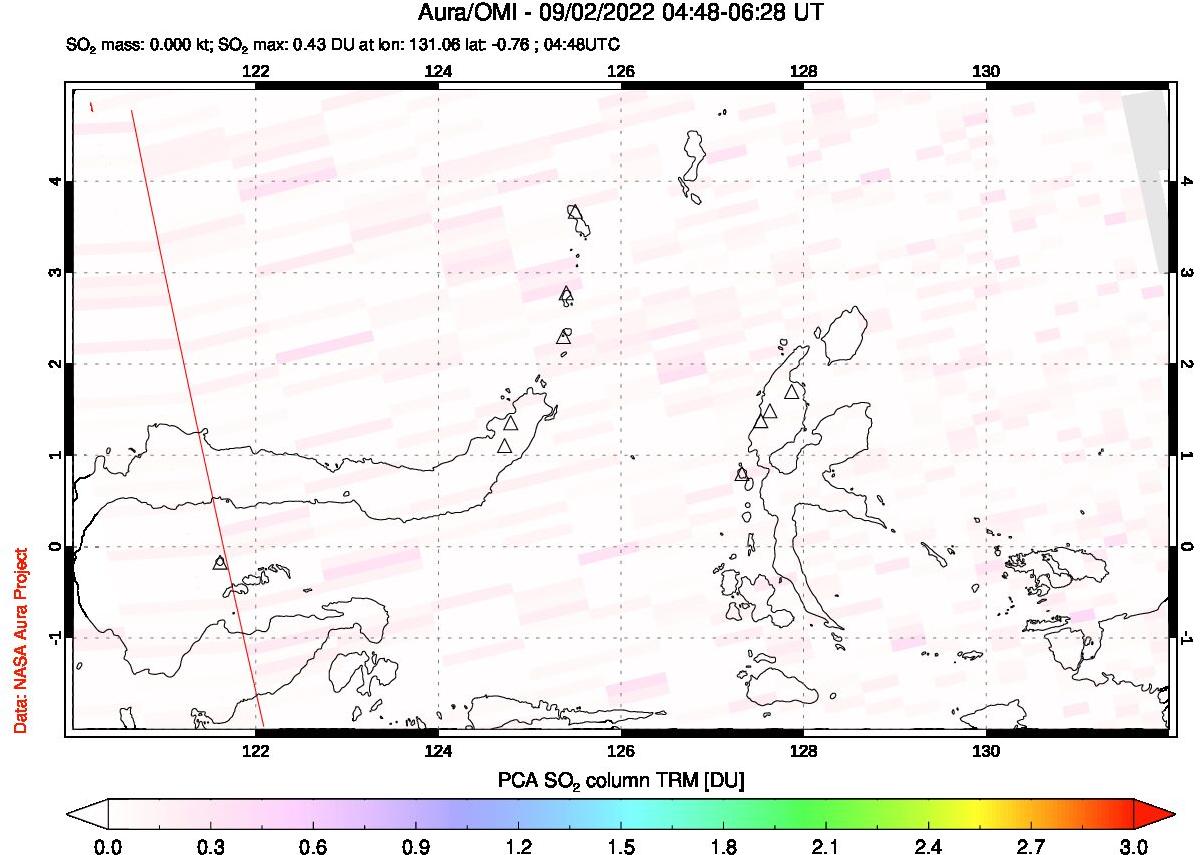A sulfur dioxide image over Northern Sulawesi & Halmahera, Indonesia on Sep 02, 2022.