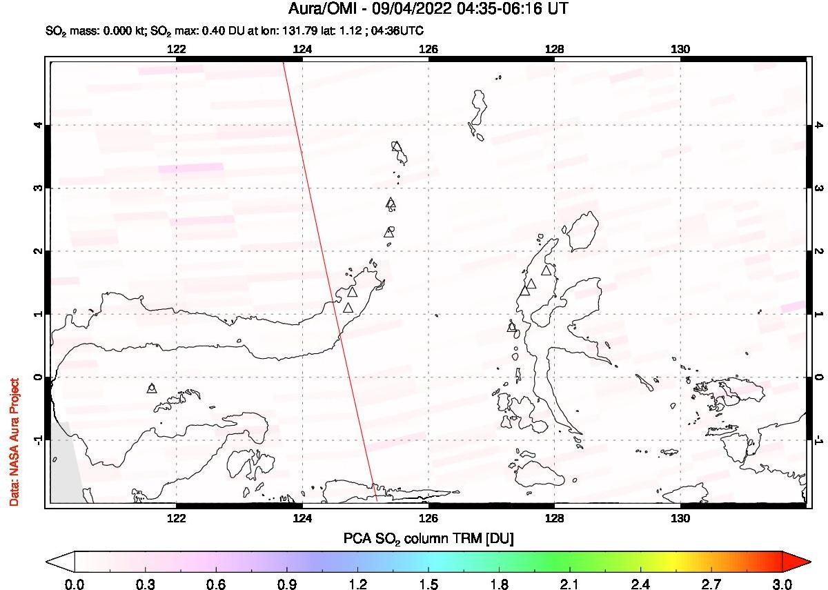 A sulfur dioxide image over Northern Sulawesi & Halmahera, Indonesia on Sep 04, 2022.