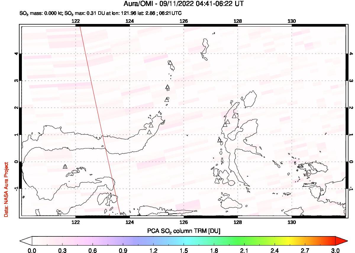 A sulfur dioxide image over Northern Sulawesi & Halmahera, Indonesia on Sep 11, 2022.