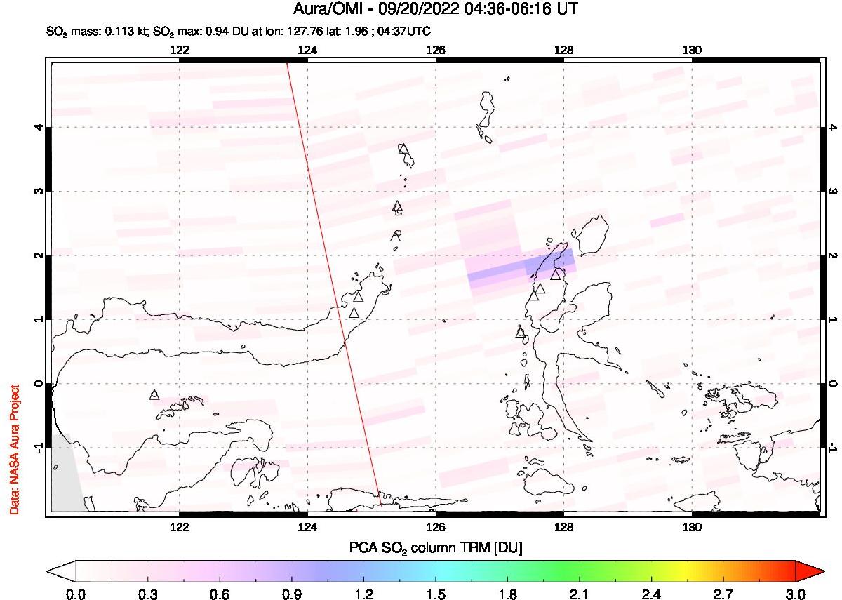 A sulfur dioxide image over Northern Sulawesi & Halmahera, Indonesia on Sep 20, 2022.