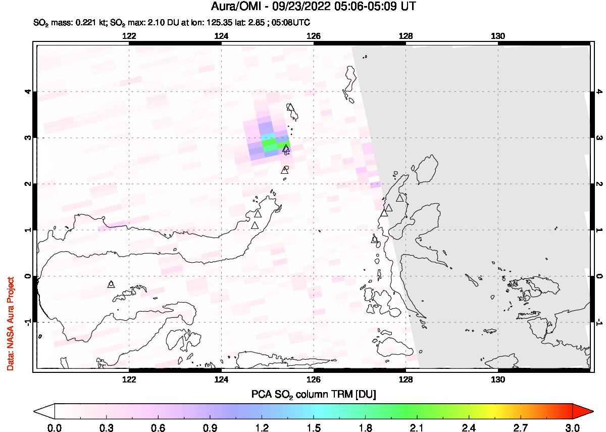 A sulfur dioxide image over Northern Sulawesi & Halmahera, Indonesia on Sep 23, 2022.