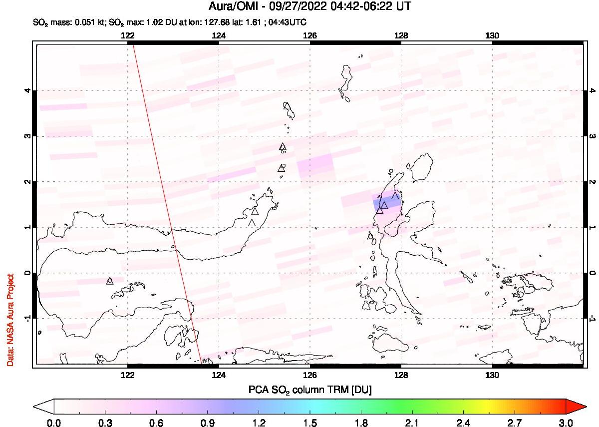 A sulfur dioxide image over Northern Sulawesi & Halmahera, Indonesia on Sep 27, 2022.