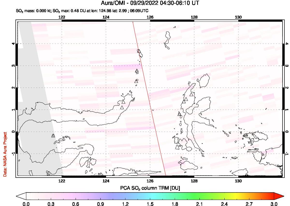 A sulfur dioxide image over Northern Sulawesi & Halmahera, Indonesia on Sep 29, 2022.