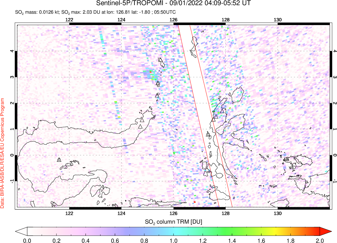A sulfur dioxide image over Northern Sulawesi & Halmahera, Indonesia on Sep 01, 2022.