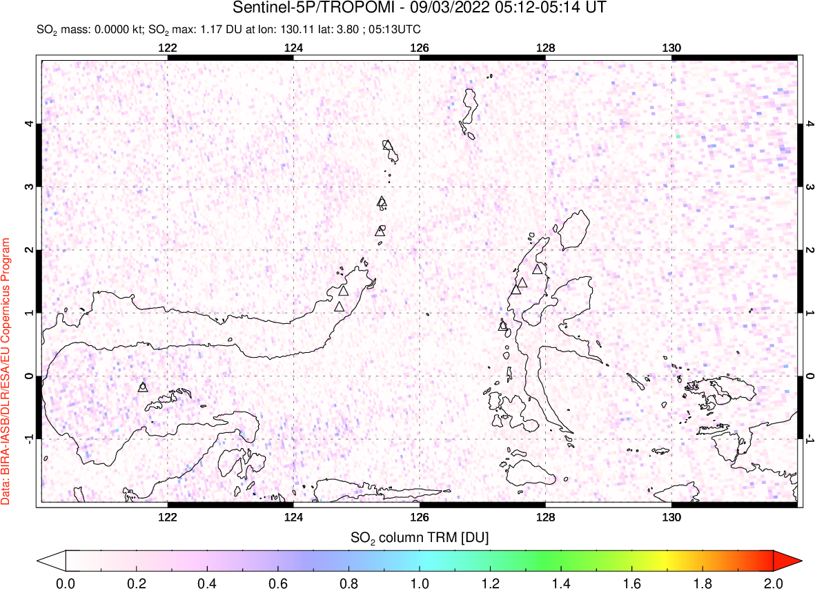 A sulfur dioxide image over Northern Sulawesi & Halmahera, Indonesia on Sep 03, 2022.