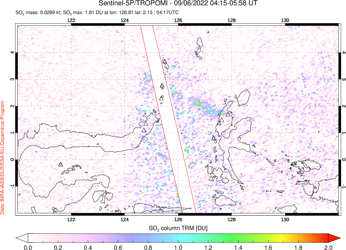 A sulfur dioxide image over Northern Sulawesi & Halmahera, Indonesia on Sep 06, 2022.