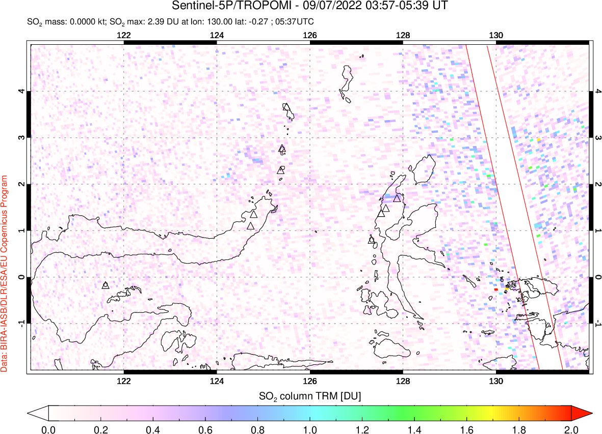 A sulfur dioxide image over Northern Sulawesi & Halmahera, Indonesia on Sep 07, 2022.
