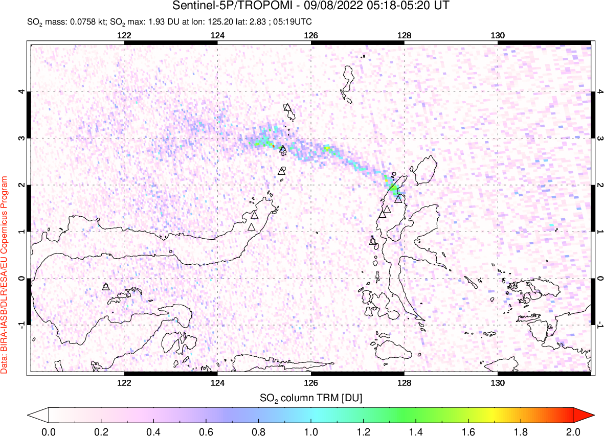 A sulfur dioxide image over Northern Sulawesi & Halmahera, Indonesia on Sep 08, 2022.