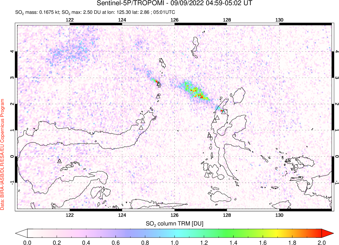 A sulfur dioxide image over Northern Sulawesi & Halmahera, Indonesia on Sep 09, 2022.