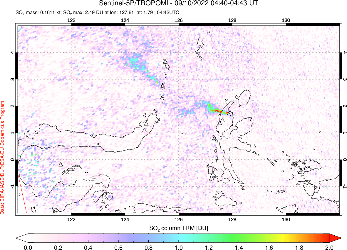 A sulfur dioxide image over Northern Sulawesi & Halmahera, Indonesia on Sep 10, 2022.