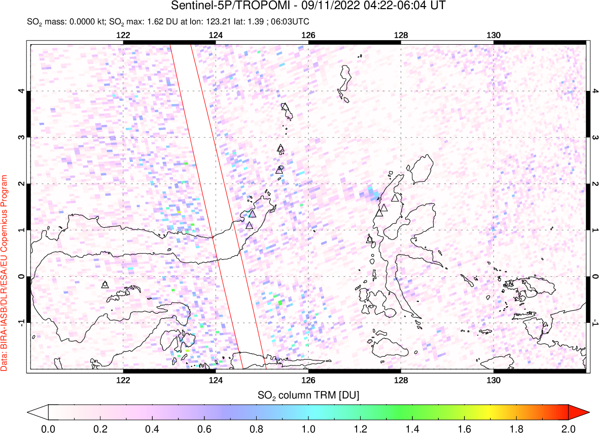 A sulfur dioxide image over Northern Sulawesi & Halmahera, Indonesia on Sep 11, 2022.