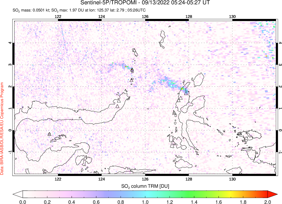 A sulfur dioxide image over Northern Sulawesi & Halmahera, Indonesia on Sep 13, 2022.