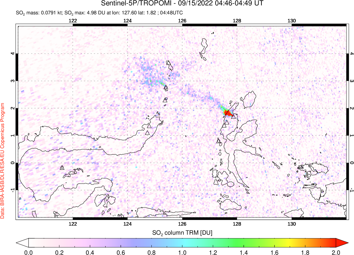 A sulfur dioxide image over Northern Sulawesi & Halmahera, Indonesia on Sep 15, 2022.