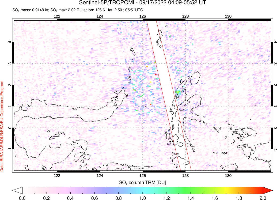 A sulfur dioxide image over Northern Sulawesi & Halmahera, Indonesia on Sep 17, 2022.