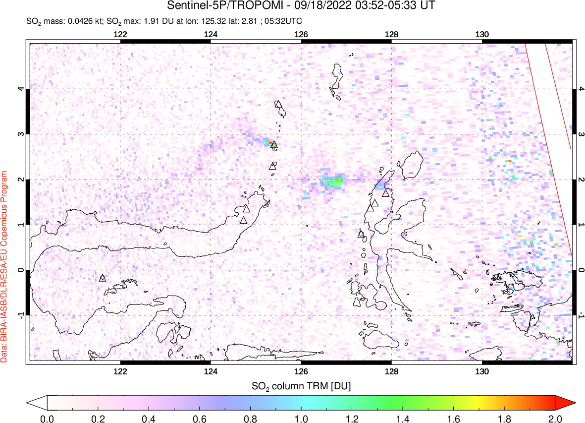 A sulfur dioxide image over Northern Sulawesi & Halmahera, Indonesia on Sep 18, 2022.