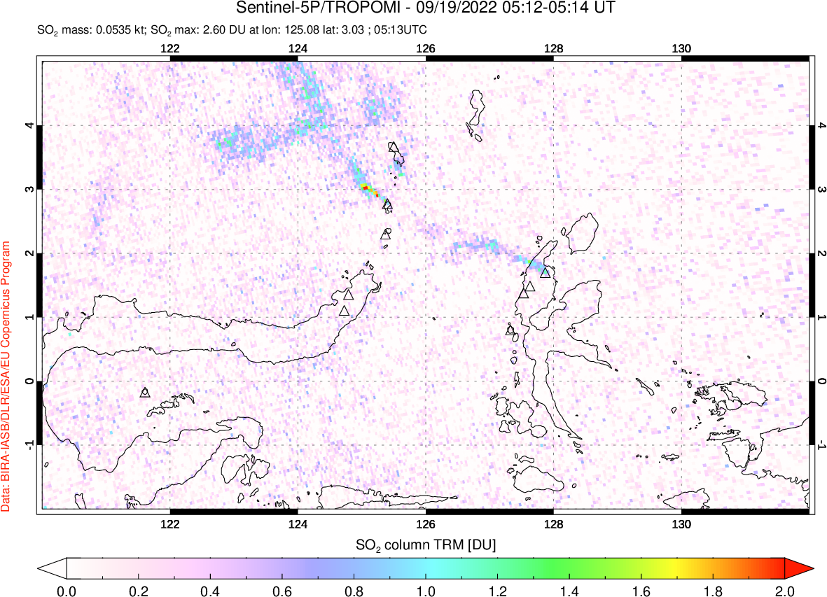 A sulfur dioxide image over Northern Sulawesi & Halmahera, Indonesia on Sep 19, 2022.