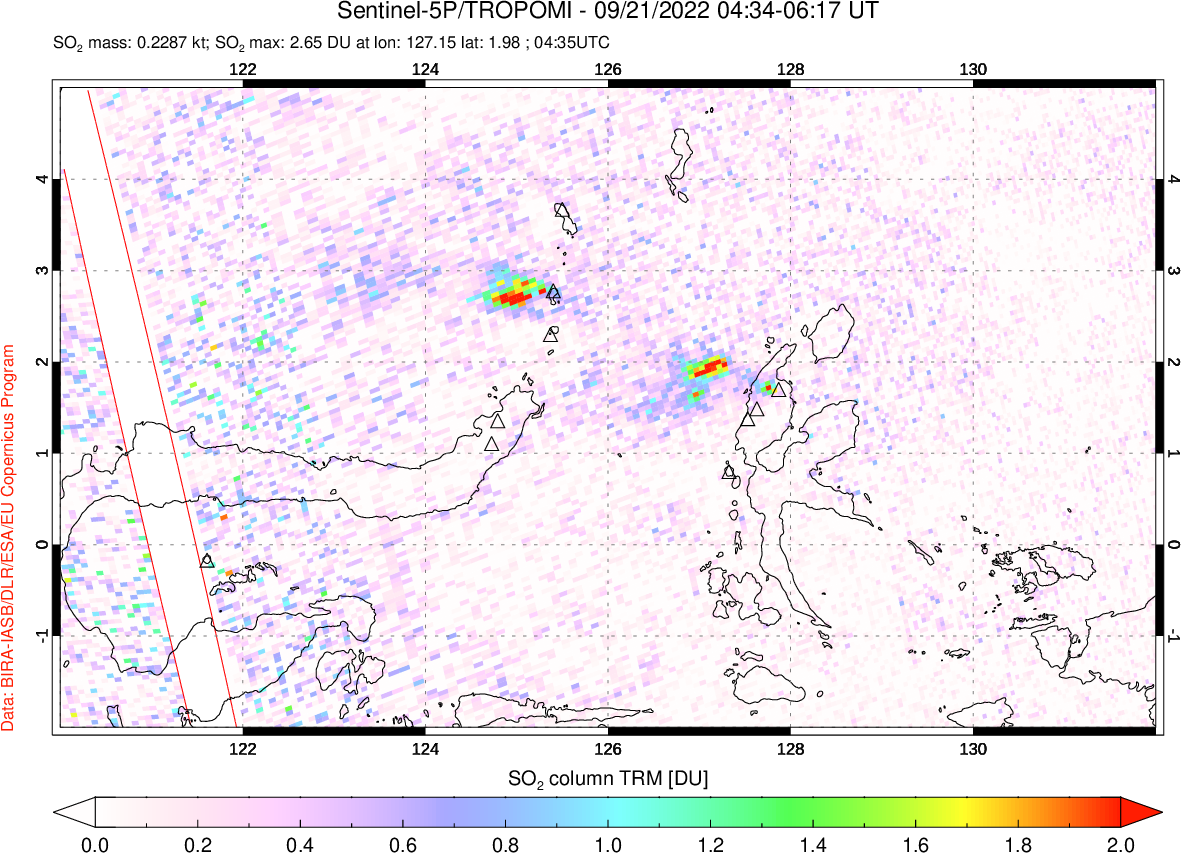 A sulfur dioxide image over Northern Sulawesi & Halmahera, Indonesia on Sep 21, 2022.