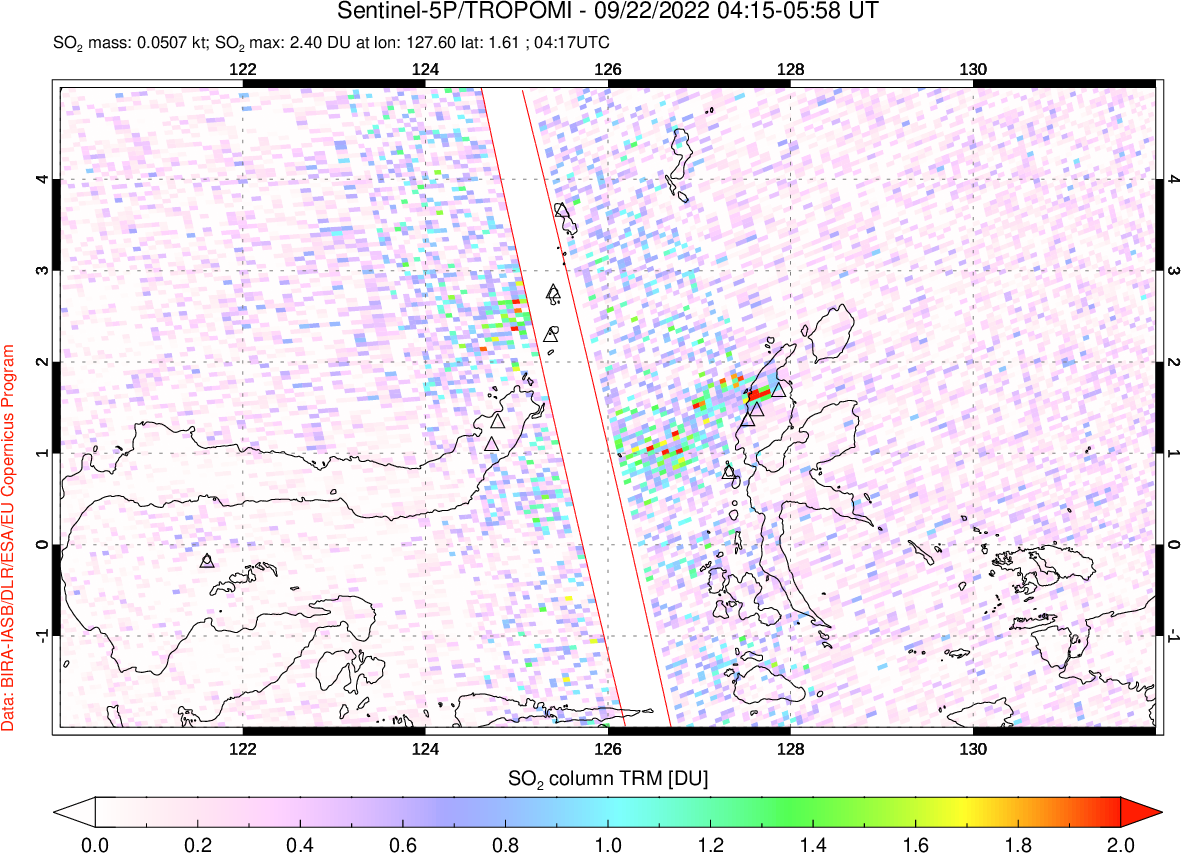 A sulfur dioxide image over Northern Sulawesi & Halmahera, Indonesia on Sep 22, 2022.