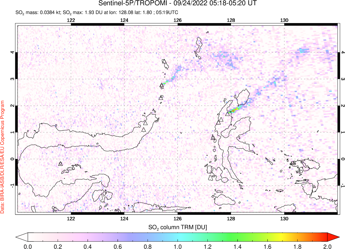 A sulfur dioxide image over Northern Sulawesi & Halmahera, Indonesia on Sep 24, 2022.