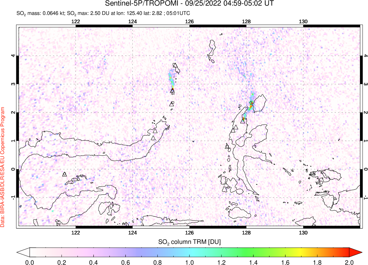 A sulfur dioxide image over Northern Sulawesi & Halmahera, Indonesia on Sep 25, 2022.