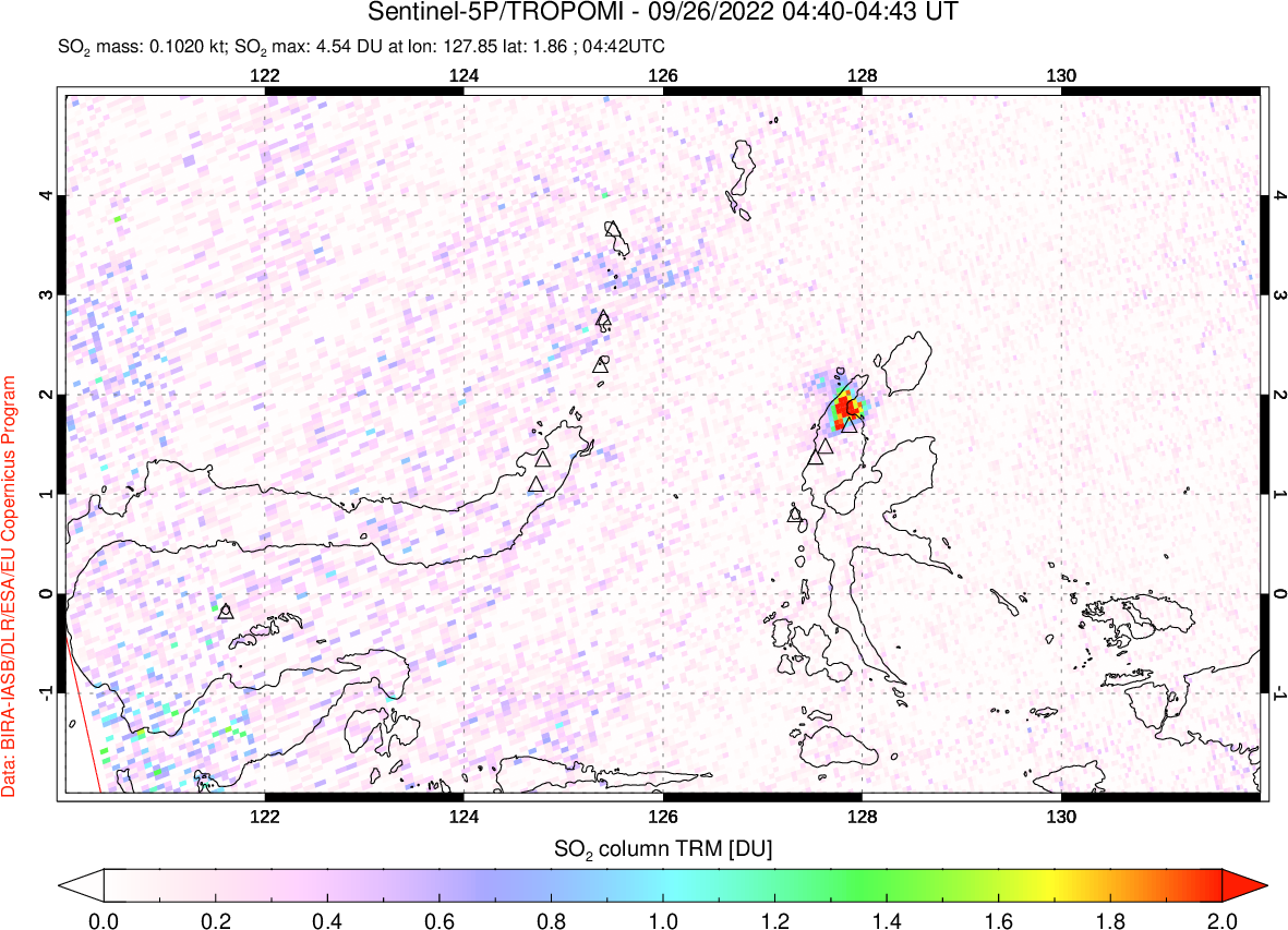 A sulfur dioxide image over Northern Sulawesi & Halmahera, Indonesia on Sep 26, 2022.