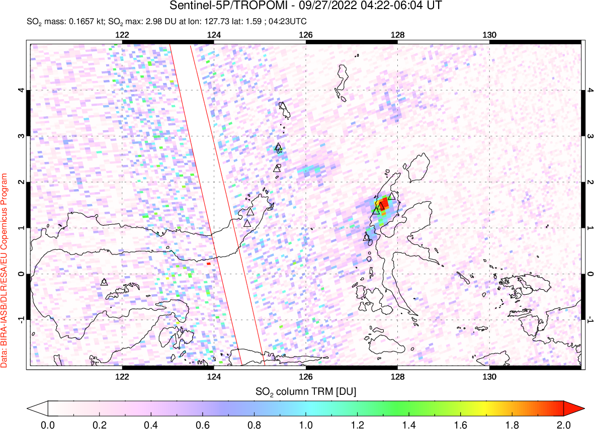 A sulfur dioxide image over Northern Sulawesi & Halmahera, Indonesia on Sep 27, 2022.