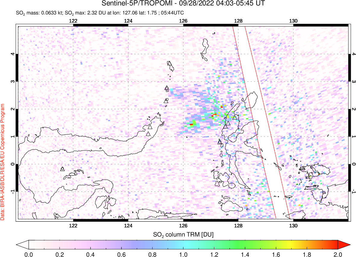 A sulfur dioxide image over Northern Sulawesi & Halmahera, Indonesia on Sep 28, 2022.