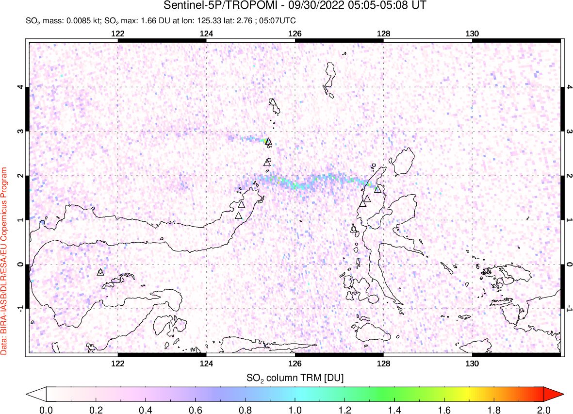 A sulfur dioxide image over Northern Sulawesi & Halmahera, Indonesia on Sep 30, 2022.