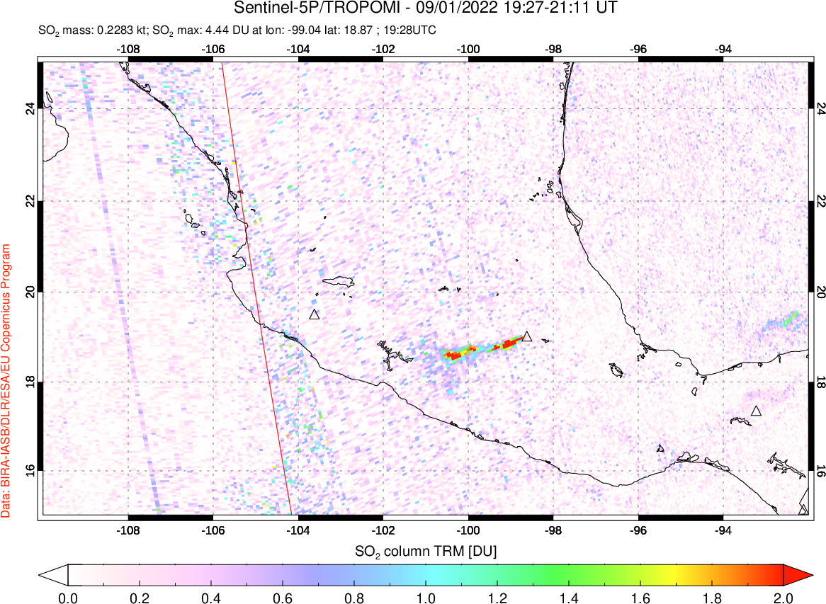 A sulfur dioxide image over Mexico on Sep 01, 2022.