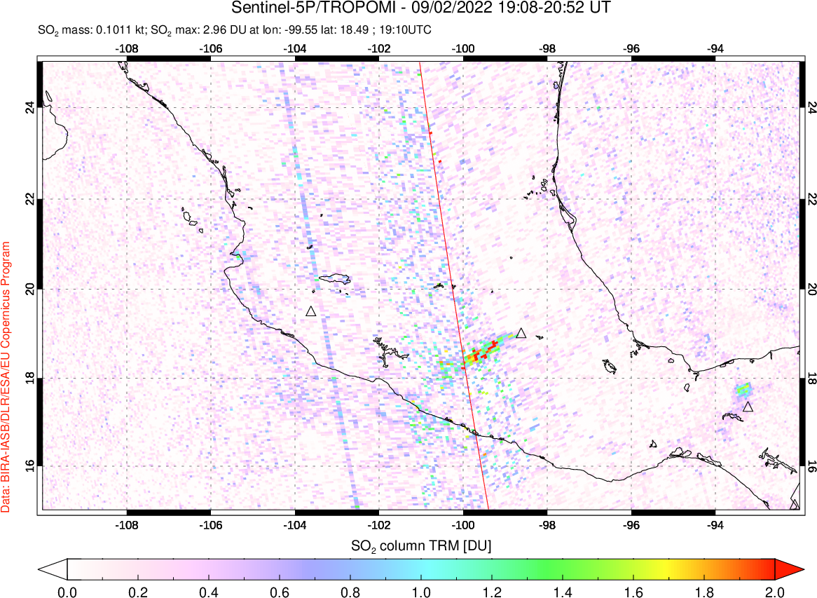 A sulfur dioxide image over Mexico on Sep 02, 2022.