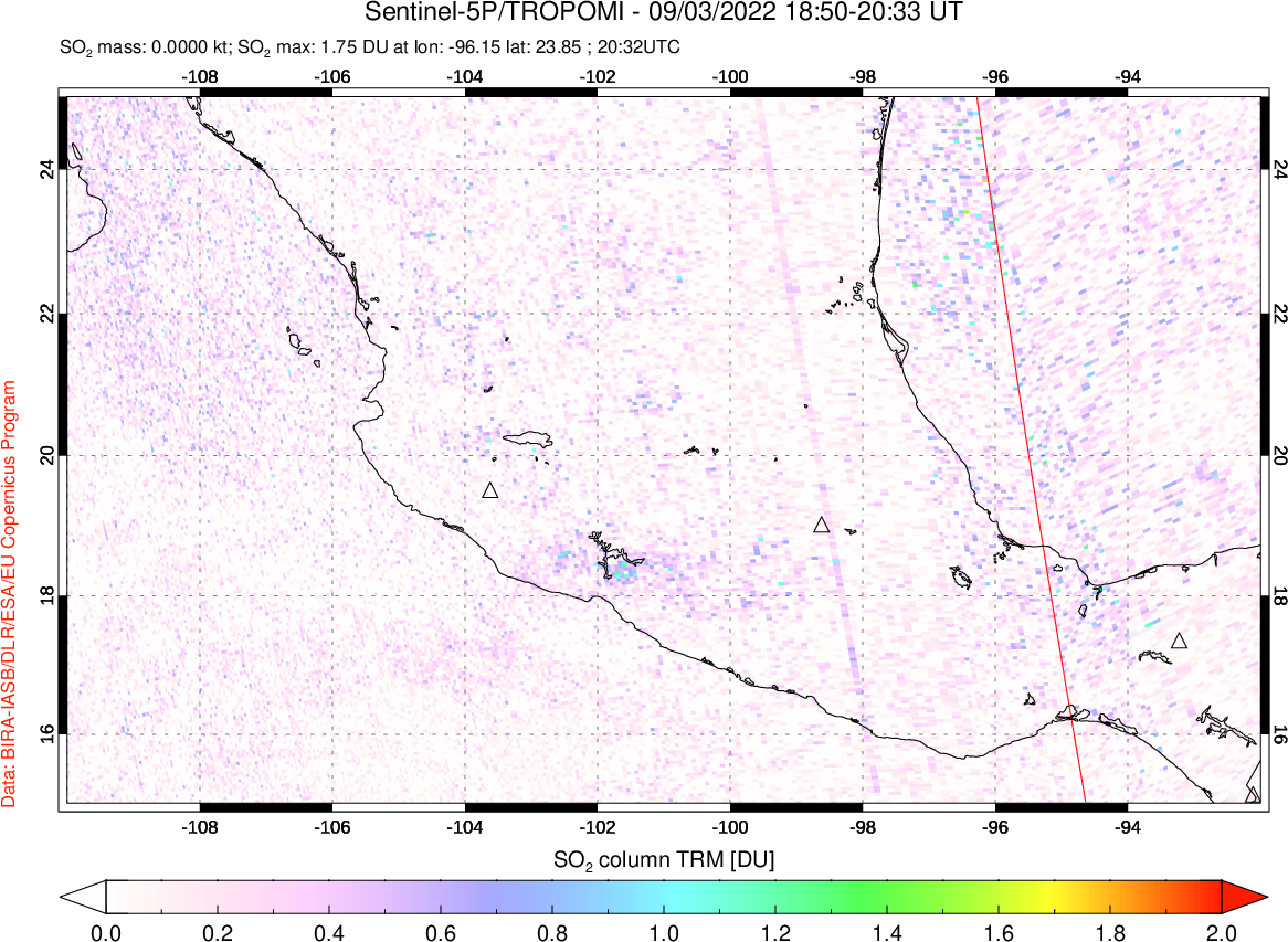 A sulfur dioxide image over Mexico on Sep 03, 2022.