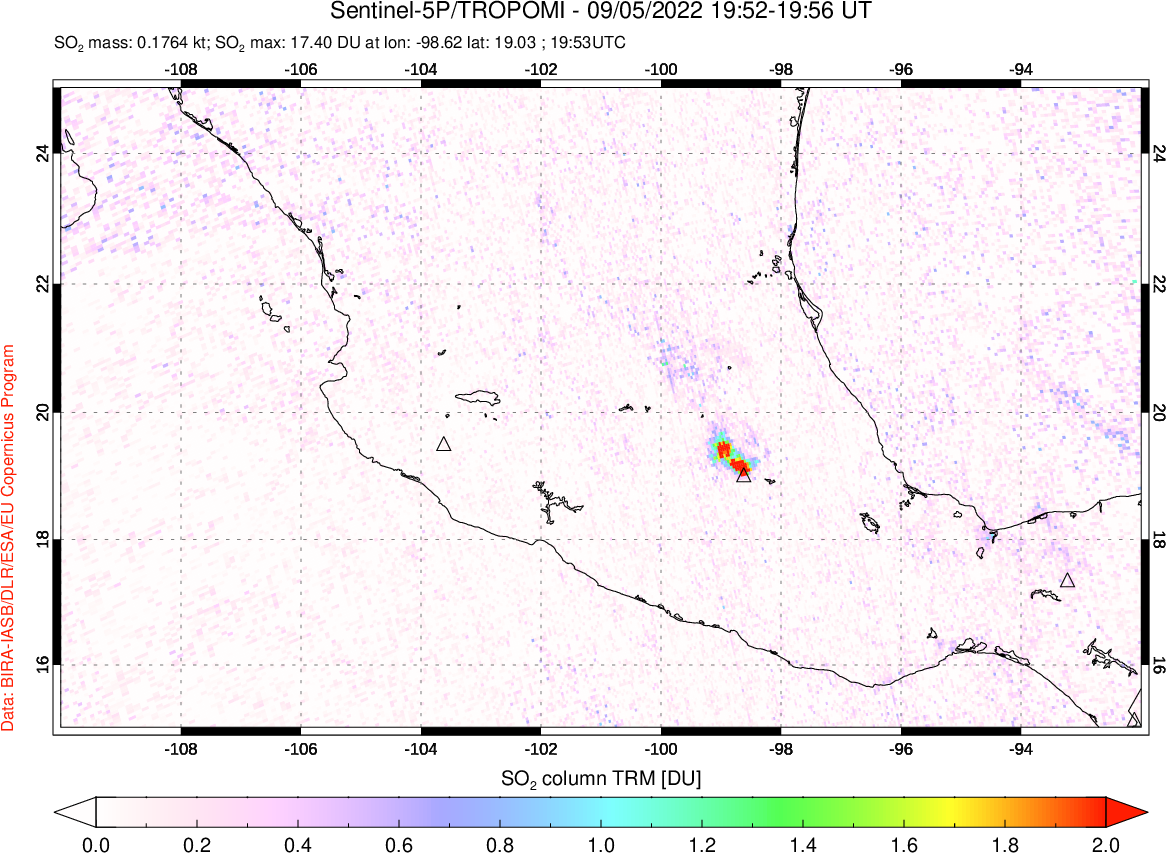 A sulfur dioxide image over Mexico on Sep 05, 2022.