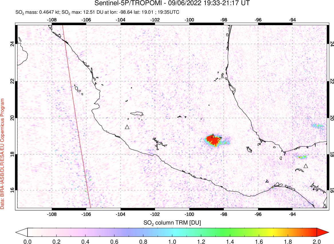 A sulfur dioxide image over Mexico on Sep 06, 2022.