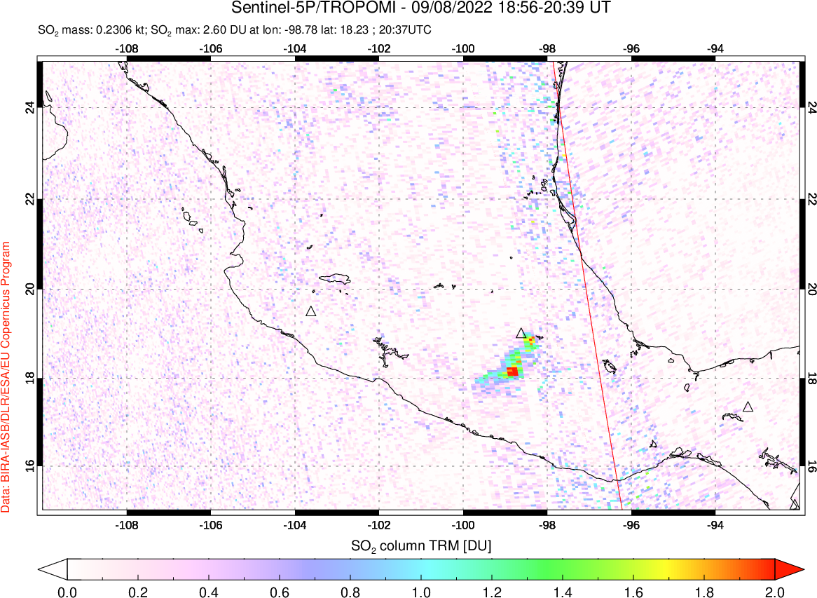 A sulfur dioxide image over Mexico on Sep 08, 2022.